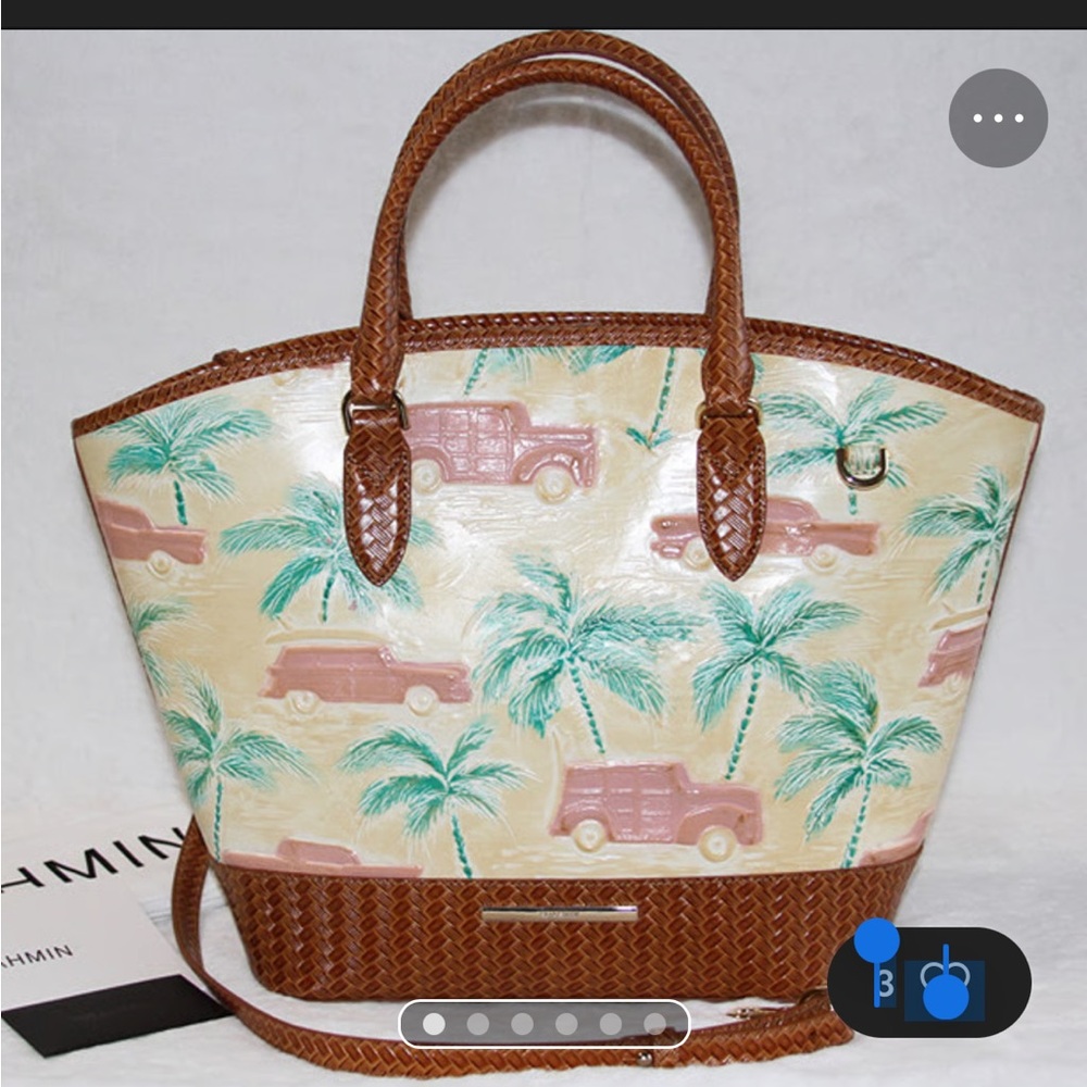 Cream and Brown Leather Trimmed Tropical Print Tote